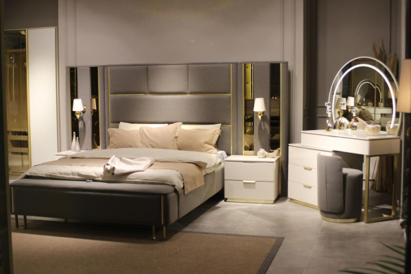 Luxus Schlafzimmer Set Bett + 2x Nachttische Kommode Kleiderschrank Holz Neu