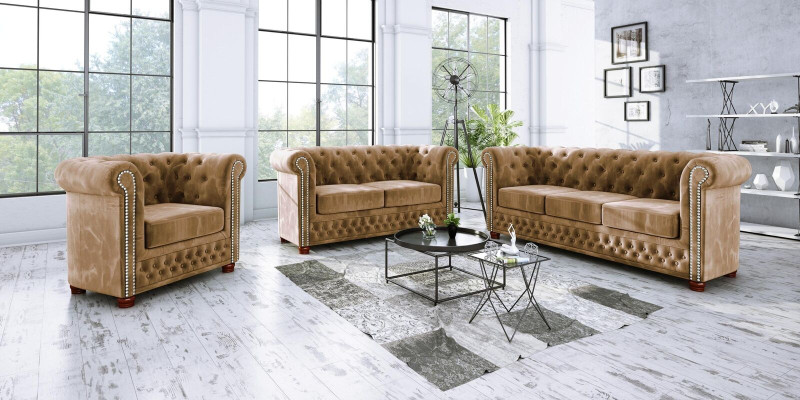 Klassische Edle Chesterfield Möbel Zweisitzer Couch Textil Sofa Design Braun