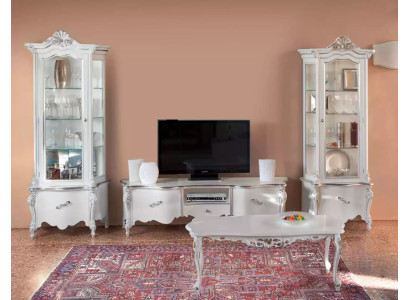 Weißes Wohnzimmer Set TV-Ständer Couchtisch 2x Vitrine Luxus Holzmöbel
