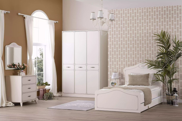 Garnitur Bett Jugendbett Funktionsbett Ausziehbares Set 5tlg Holz Weiß