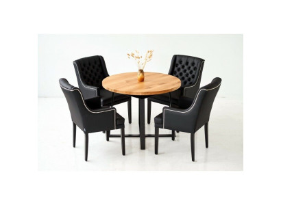 Moderne Esszimmer Möbel Edler Runder Holztisch + x6 Chesterfield Lederstühle 7tlg. Set