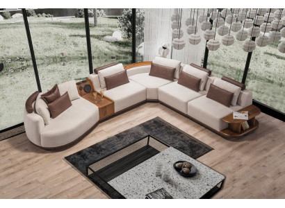 Beiges Wohnzimemr Ecksofa Exklusive L-Form Couch Modernes Holzgestell