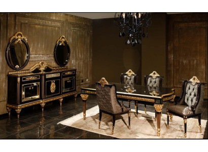 Schwarze Klassische Esszimmergarnitur Esstisch 4x Stühle Vitrine 7tlg