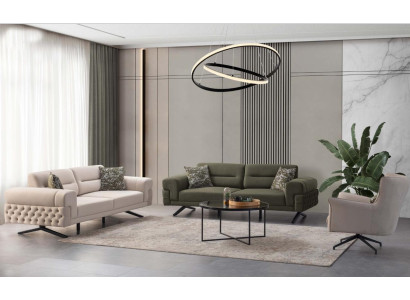 Dunkelgrüne Wohnzimmer Exklusive Couchgarnitur 2x 3-Sitzer Einsitzer Sofa