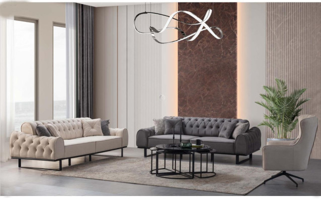 Weiß-Graue Chesterfield Couchgarnitur Designer Polster Sessel 3tlg Set