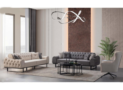 Weiß-Graue Chesterfield Couchgarnitur Designer Polster Sessel 3tlg Set