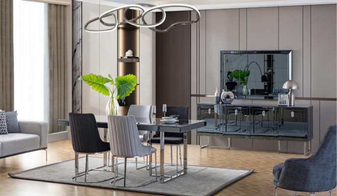 Moderne Esszimmer Möbel Holzesstisch 4x Textilstühle Anrichte Spiegel