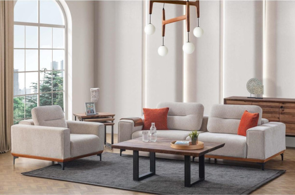 Weiße Polster Sofagarnitur Dreisitzer Sessel Couchtisch Beistelltische