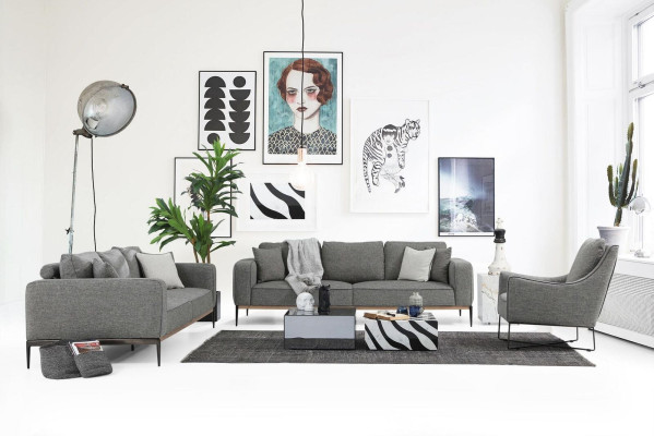 Sofagarnitur 221 Sitzer Sofa Modern Stoff Set Grau Gruppe Wohnzimmer