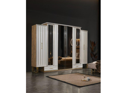Garderobenschrank Luxus Kleiderschrank Holzschrank mit Spiegel Beige
