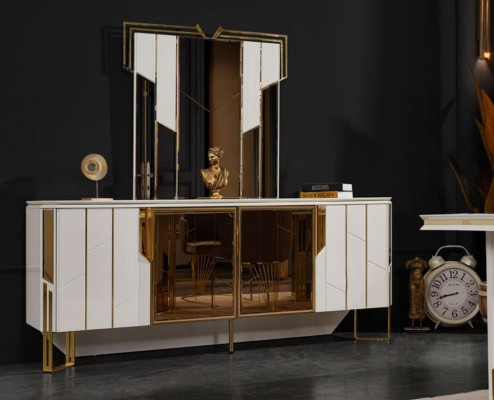 Luxus Sideboard mit Spiegel Anrichte Kommode Schrank Holz Weiß Design