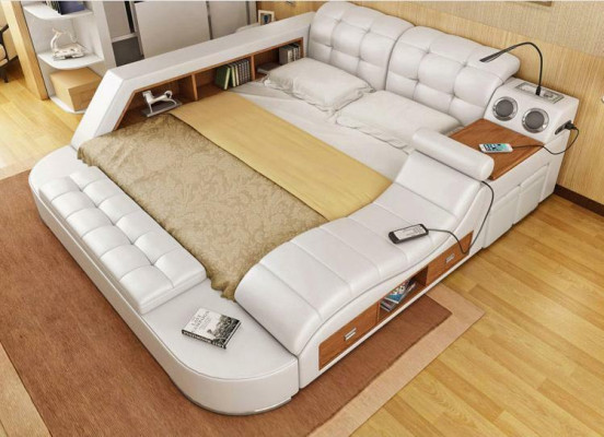 Bett Doppel Regale Leder Polster Betten Multifunktion mit Neu Massagefunktion 