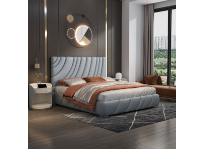 Graues Kunstleder Doppelbett Modernes Edelstahlbett Luxus Holzgestell