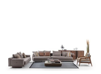 Graue Wohnzimmer Sofas Stoffsofas Designer Sessel Holz Couchtisch 5tlg.