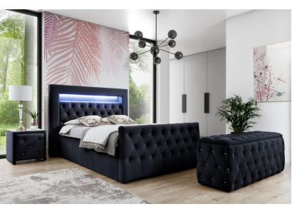 Schwarzes Chesterfield LED-Textilbett 2x Holz Nachttische Hocker 4tlg