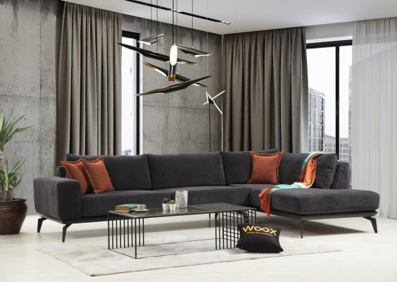 Graues Polster Ecksofa Designer Dreisitzer Stoffcouchen Wohnzimmer Set