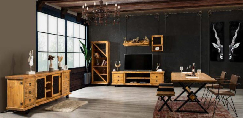 Echt Holz Wohnwand Luxus in Braun mit Couchtisch auf Rädern Rustikal Schrank