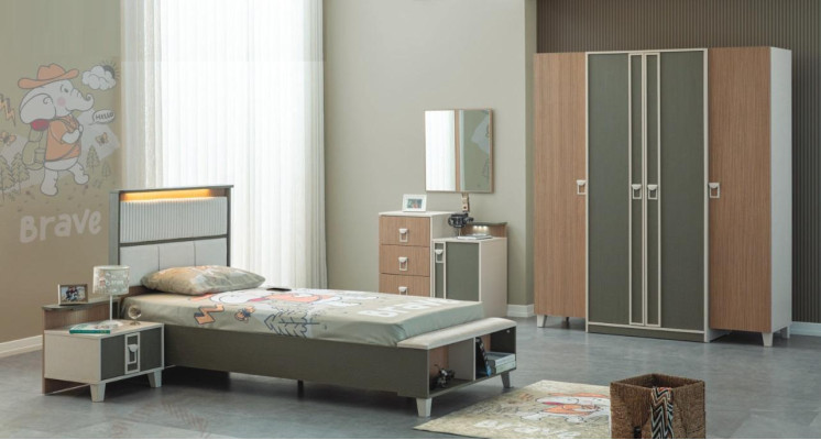 Moderne Komplette Kindermöbel Kinderbett Grau Holz Set 5tlg Nachttisch