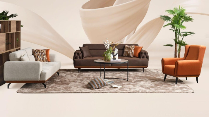 Couchgarnitur Polstersofa Mehrfarbig Dreisitzer Sessel Sofa Stoff Set 3+3+1