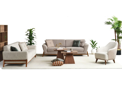 Gruppe Couch Dreisitzer Sessel Sofa Stoff Beige Stoffsofa Set 3tlg 3+3+1