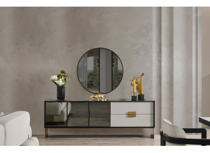 Schwarzes Wohnzimmer Set Designer Sideboard Luxus Spiegel 2tlg Set Neu