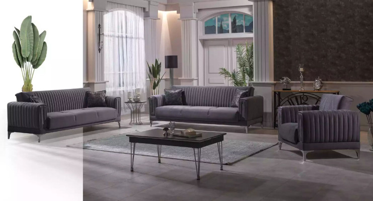 Grauer Dreisitzer Wohnzimmer Couchen 3-Sitzer Samtsofas Luxus Holz Möbel Sofa