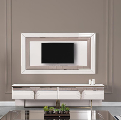 Wohnwand TV Ständer Wandpanel RTV Lowboard Weiß Holz Sideboard Moderne