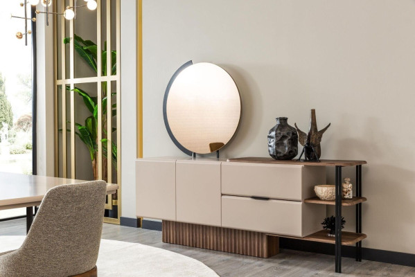 Garnitur Sideboard mit Spiegel Beige Holzschrank Schrank Holz Design