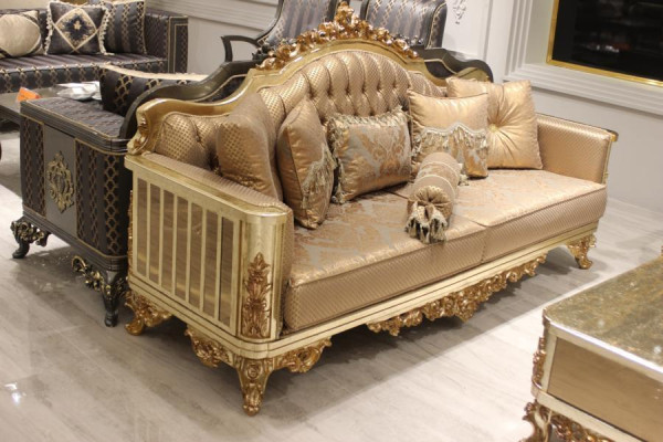 Sofagarnitur 3+3 Sitzer Wohnzimmer Set Design Sofa Gold Chesterfield Textil Neu