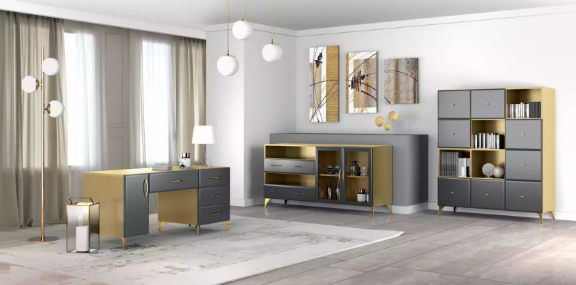 Wohnzimmer Set Schreibtisch Sideboard Bücherregal 3tlg. Tisch Möbel Holz