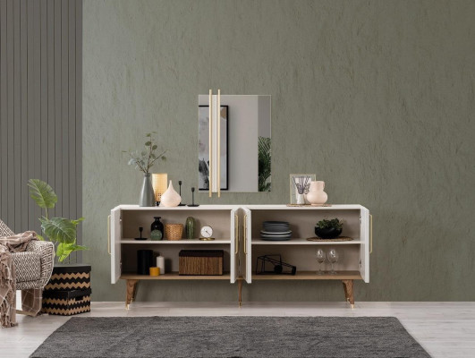 Anrichte Garnitur Sideboard mit Spiegel Kommoden Esszimmer Holz Weiß
