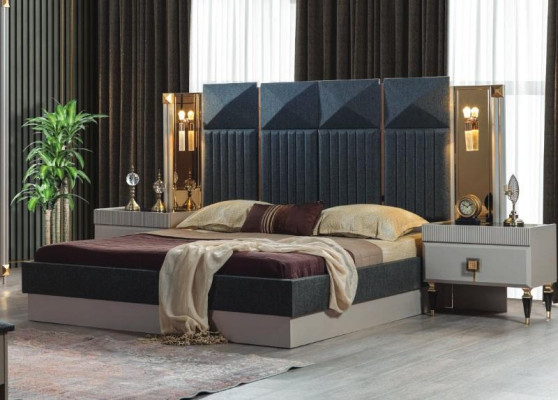 Moderne Schlafzimmer Möbel Designer Graues Bett 2x Holz Nachttische 3tlg