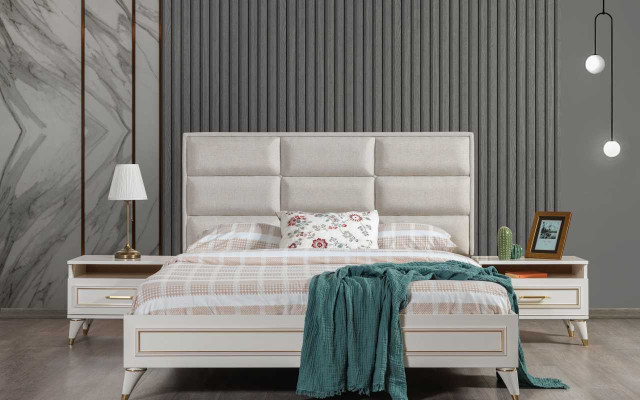 Großes Schlafzimmer Set Doppelbett Schminkttisch Hocker Spiegel 6tlg