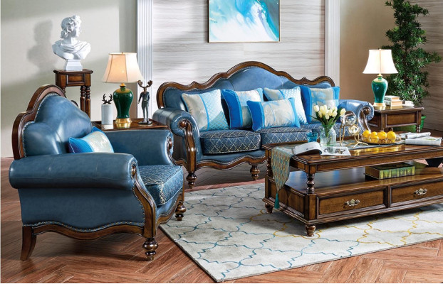 Blaue Barock Rokoko Chesterfield Sofagarnitur Sofa 3+1 Sitz Garnitur