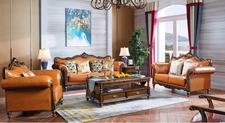 Amerikanische Sofagarnitur Ledersofa Couch Polster 321 Holz Sitzer