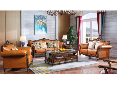 Amerikanische Sofagarnitur Ledersofa Couch Polster 321 Holz Sitzer