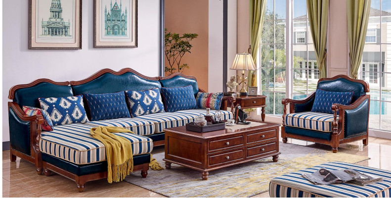 Blaue Ecksofa Couch mit Sessel Kolonial Sofa Möbel Antik Stil Sofas