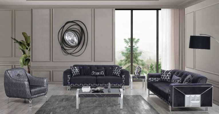 Schwarz-Graue Wohnzimmer Sitzgarnitur Designer Sofas Beistelltisch 5tlg