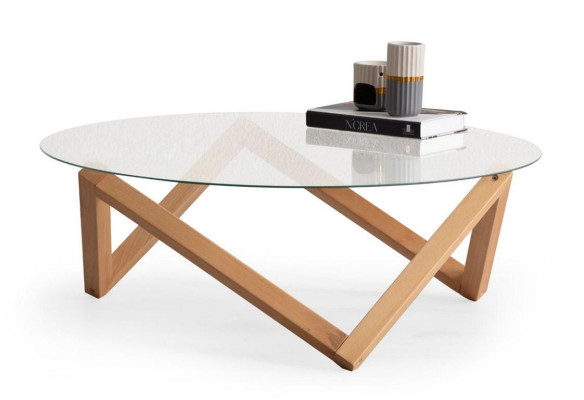  Couchtisch im modernen Stil runde Glastischplatte Wohnzimmer Holzbeine