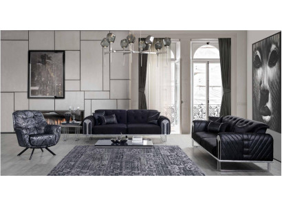 Schwarz-Graue Wohnzimmer Sitzgarnitur 3-Sitzer Sessel Sofagarnitur 3tlg
