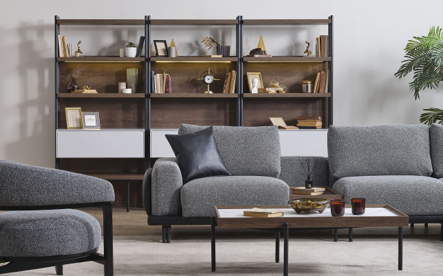 Graues Wohnzimmer Set L-Form Sofa Designer Polstersessel Couchtisch