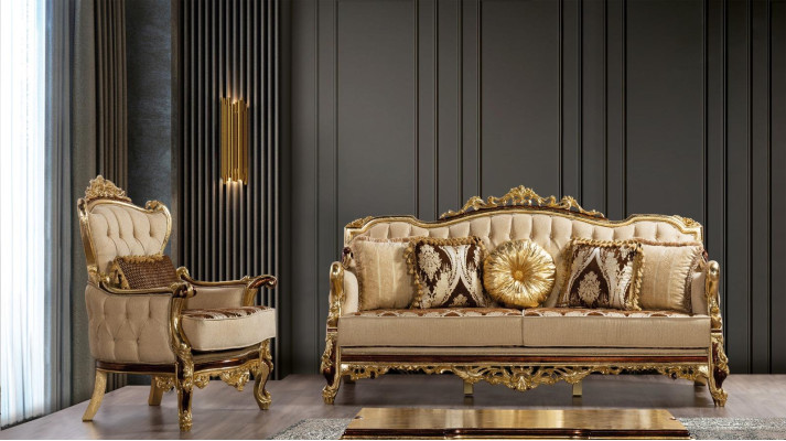 Chesterfield Couch Barock Dreisitzer Möbel Sofa Couchen Stoff Gold