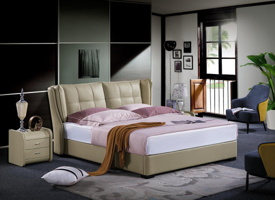 Klassisches Schlafzimmer Bett Beige Textil Betten Leder Polster Doppel 180x200cm.