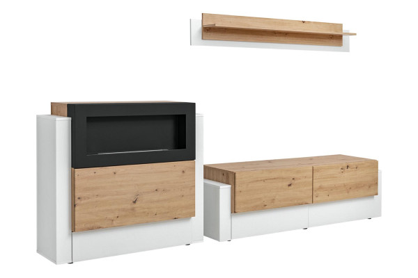 Designer Weiß Wohnwand Luxus Kommode mit Kamin Einrichtung Wohnzimmermöbel