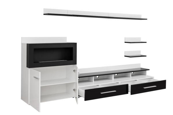 Wohnwand TV-Ständer Kommode mit eingebautem Kamin Designer Möbel Moderne