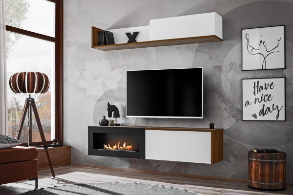 Wohnzimmer TV Ständer mit Kamin Wohnwand Wandregal Holz Möbel Neu
