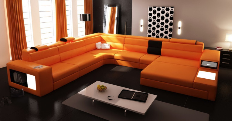 Design Leder Polster Ecke Leder Sitz Sofa USB Polster Eck Wohn Landschaft Zimmer