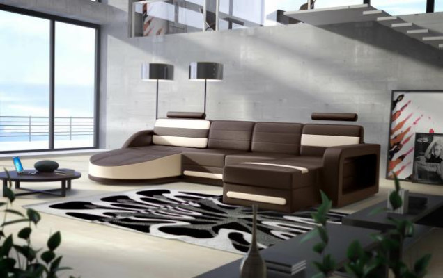 WOHNLANDSCHAFT LEDERSOFA XXL ECKSOFA + USB GARNITUR DESIGN ECKCOUCH Braun Neu