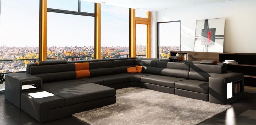 Ecksofa Sofa Couch Polster Garnitur Design Leder Textil Wohnlandschaft Landau R