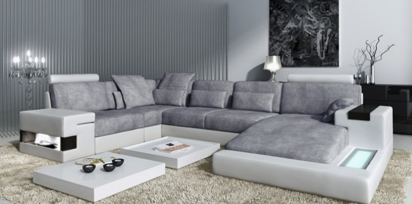 Großes Sofa Wohnlandschaft Ledersofa mit USB Design Sofa Couch Polster Ecksofa